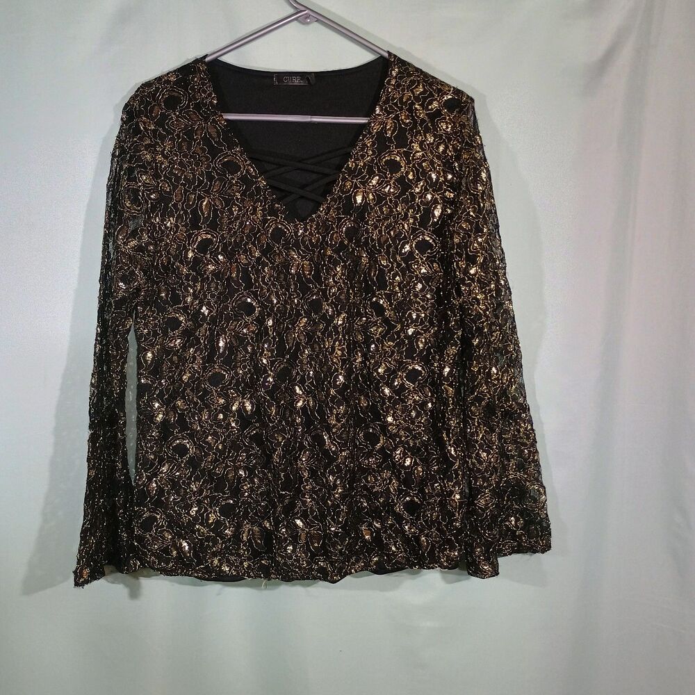 Women's Black Gold Lace Top Sequin Shimmer Long Sleeve Party Blouse